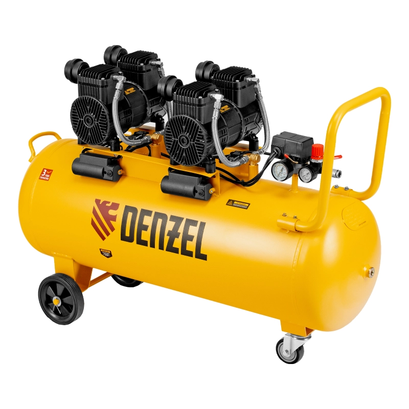 Компрессор безмасл. малошумный DLP-3000/100, 3 кВт, 2х1,5 кВт,100 л, 2850 об/мин,500 л/мин Denzel (58145)