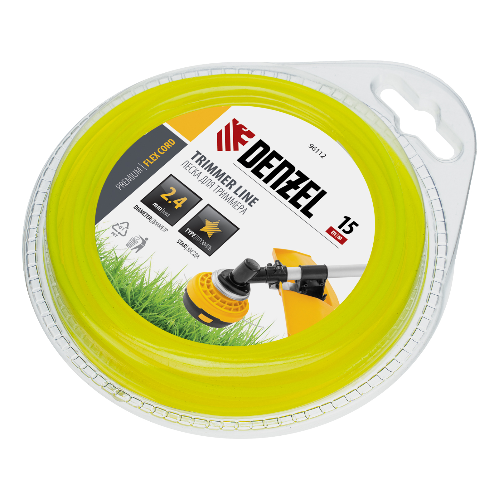 Леска для триммера, звезда 2.4 мм х 15 м, блистер Flex cord Denzel (96112)