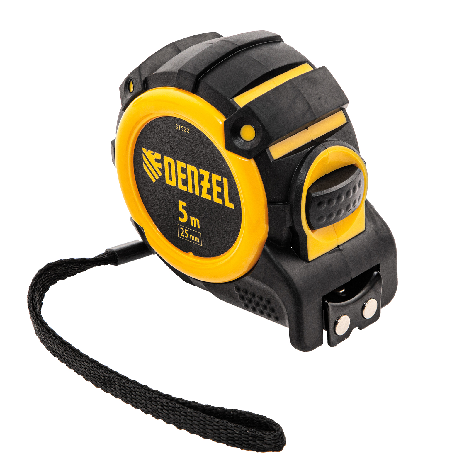 Рулетка 5м х 25мм, автоматич. фиксац., нейлон. покрытие, магнит. зацеп, двухстор. разметка Denzel (31522)