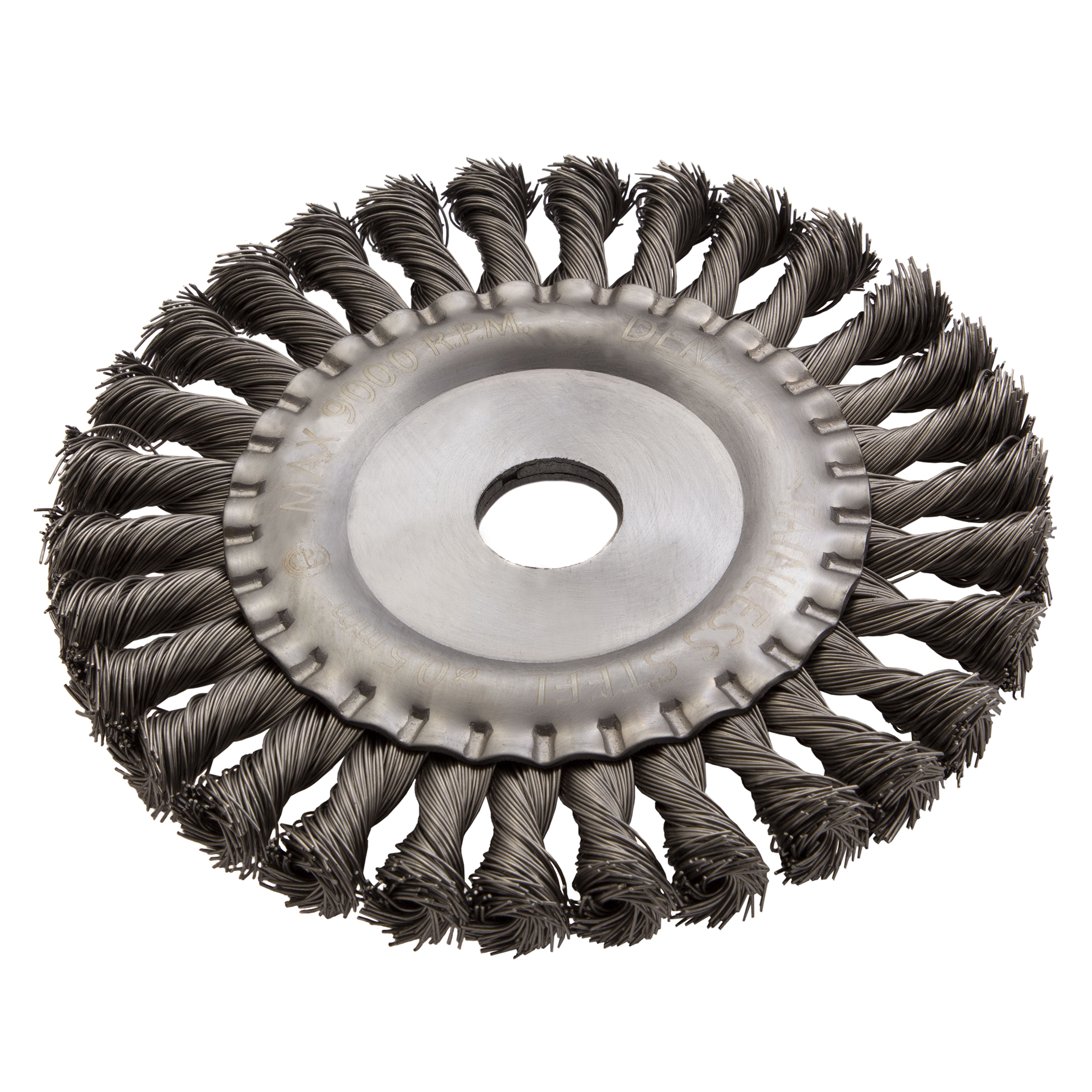 Щетка для УШМ, 150 мм, "Плоская", крученая нержавеющая проволока 0.5мм, посадка 22.2 мм Denzel (746343)