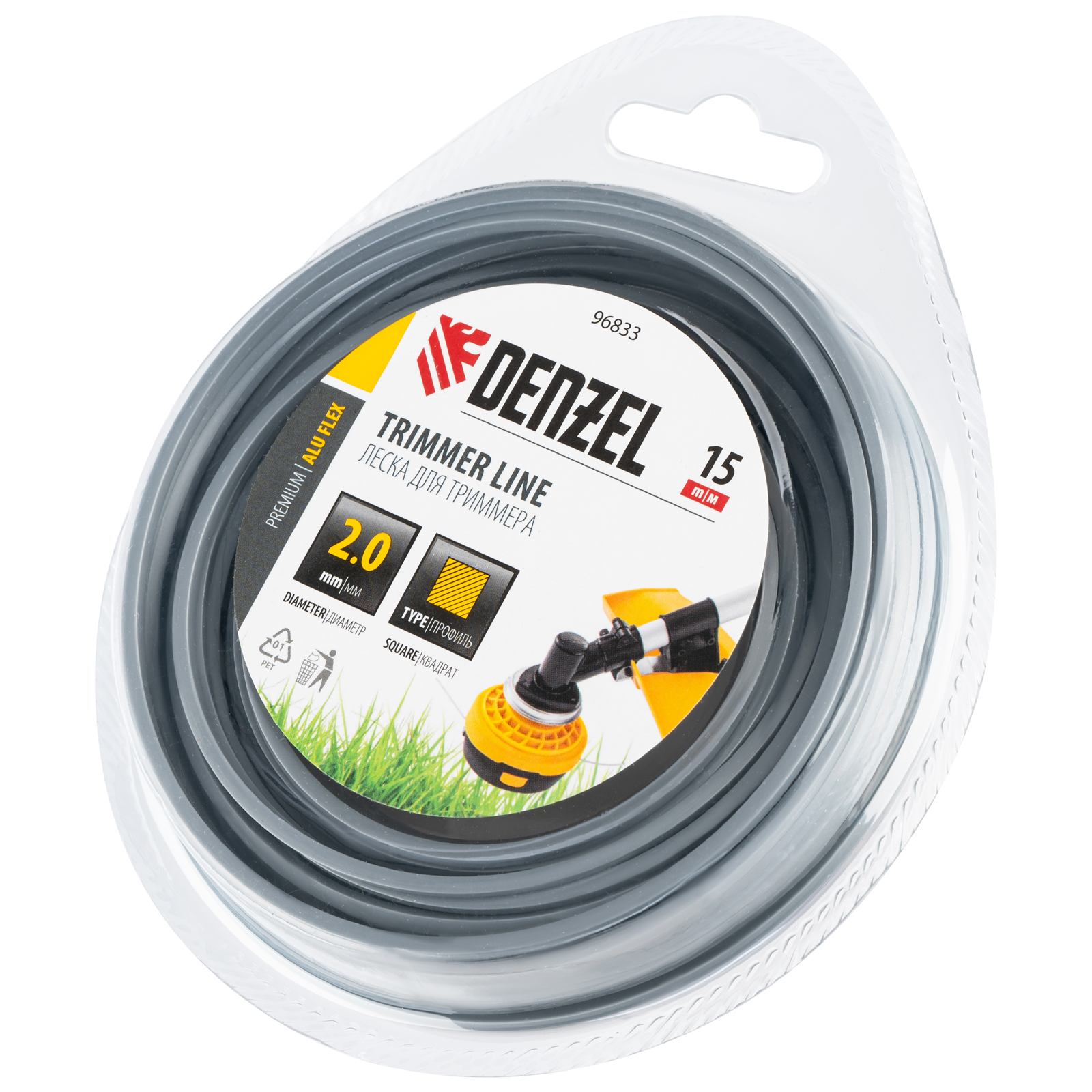 Леска для триммера армированная алюминием квадратная, 2,0мм х 15м, блистер ALUFLEX Denzel (96833)
