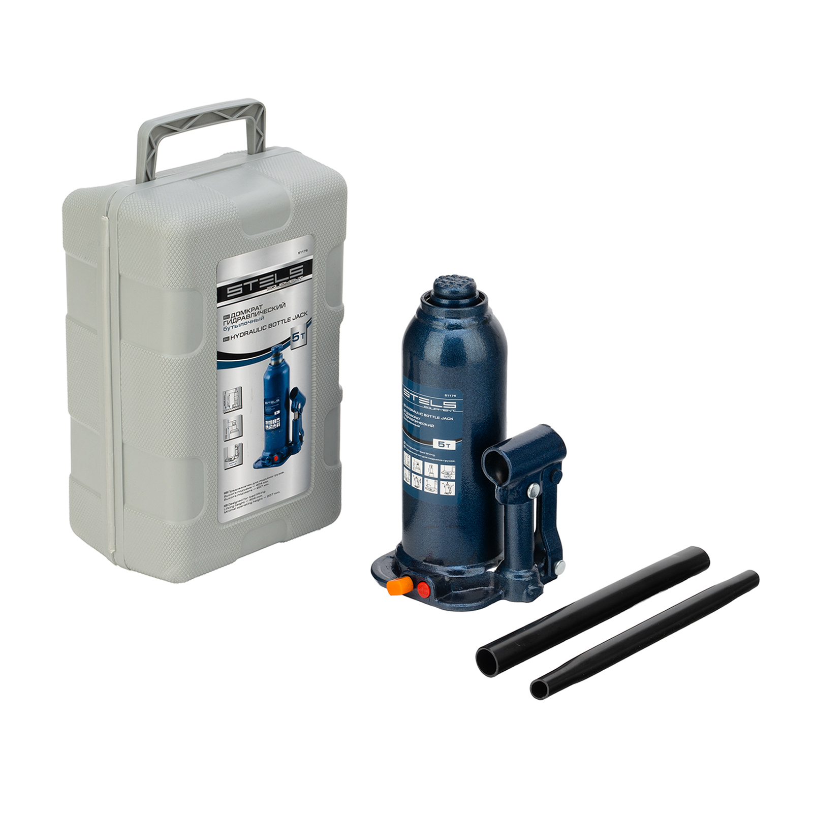 Домкрат гидравлический бутылочный, 5 т, h подъема 207-404 мм, в пластиковом кейсе Stels (51175)