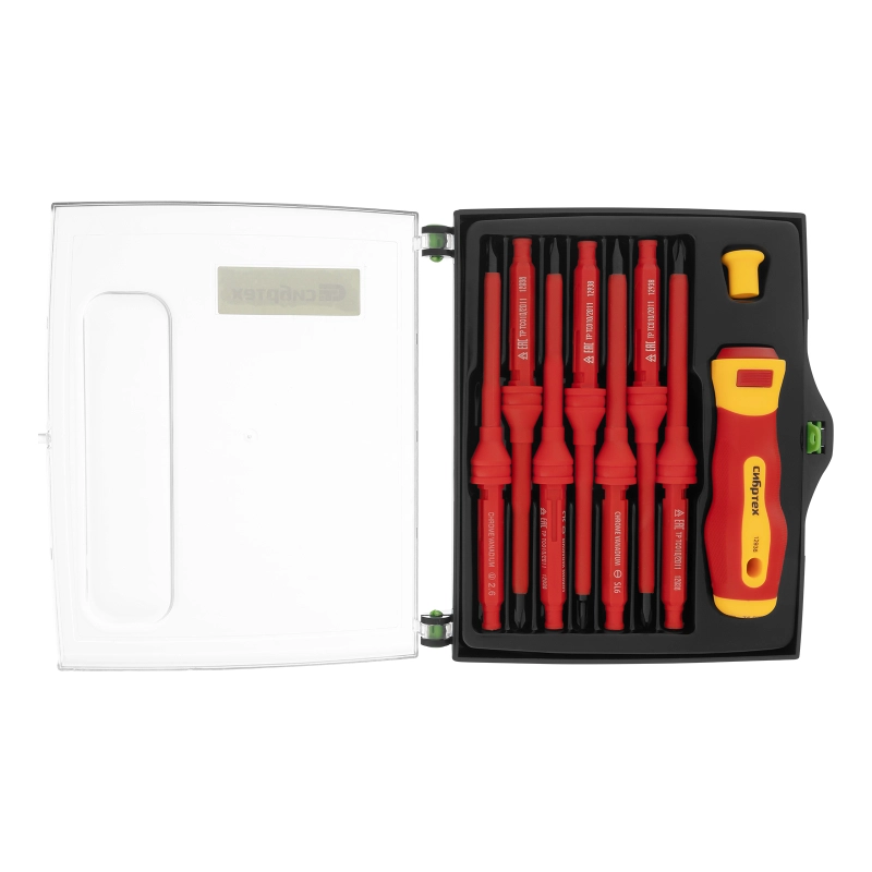 Отвертка со сменными жалами, диэлектрическая до 1000 В, 9 предметов, CrV Сибртех (12938)