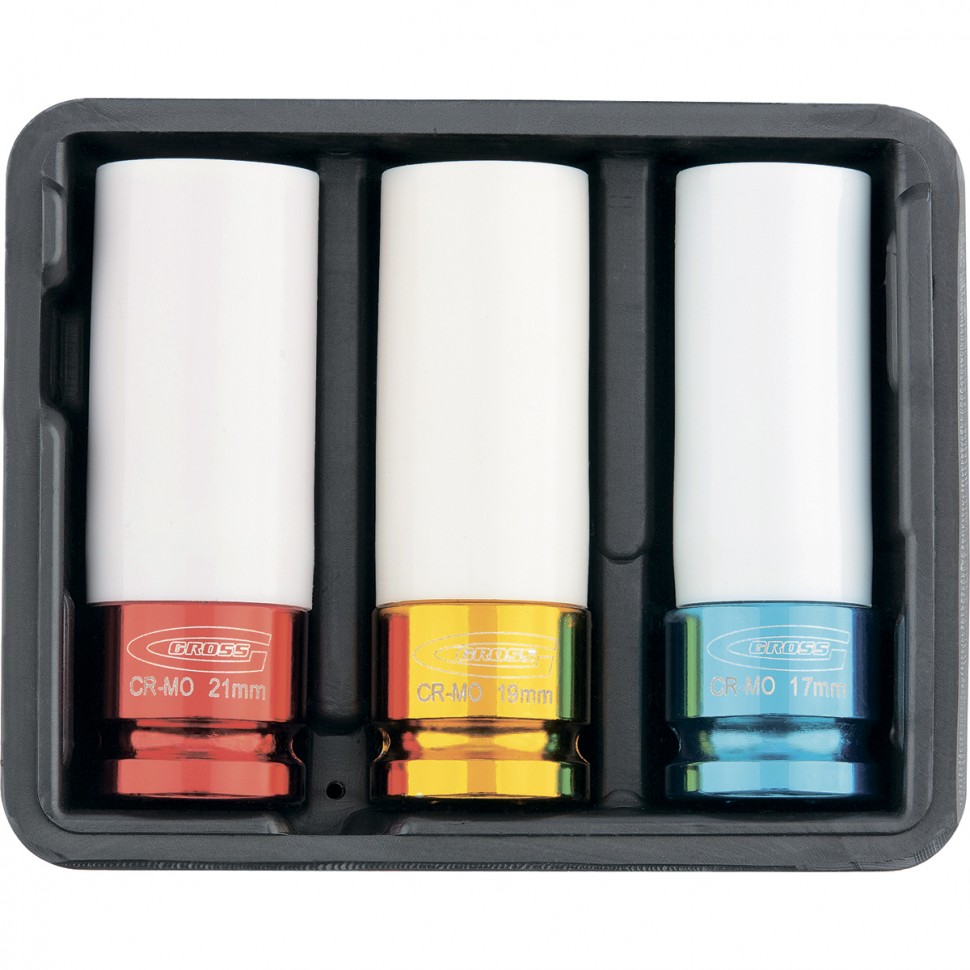 Набор ударных головок, удлиненные, 1/2, шестигранные, CrMo, 3 шт, 17 мм, 19мм, 21мм Gross (13513)