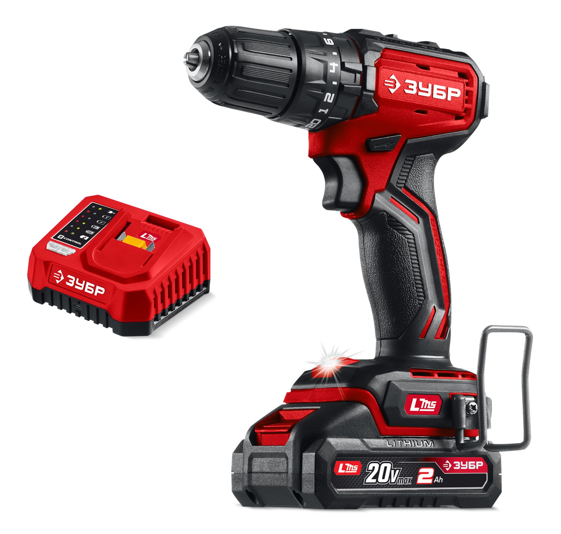 ЗУБР 20 В, 45 Н·м, 1 АКБ LMS (2 А·ч), бесщеточная ударная дрель-шуруповерт (ДБУ-45-21)