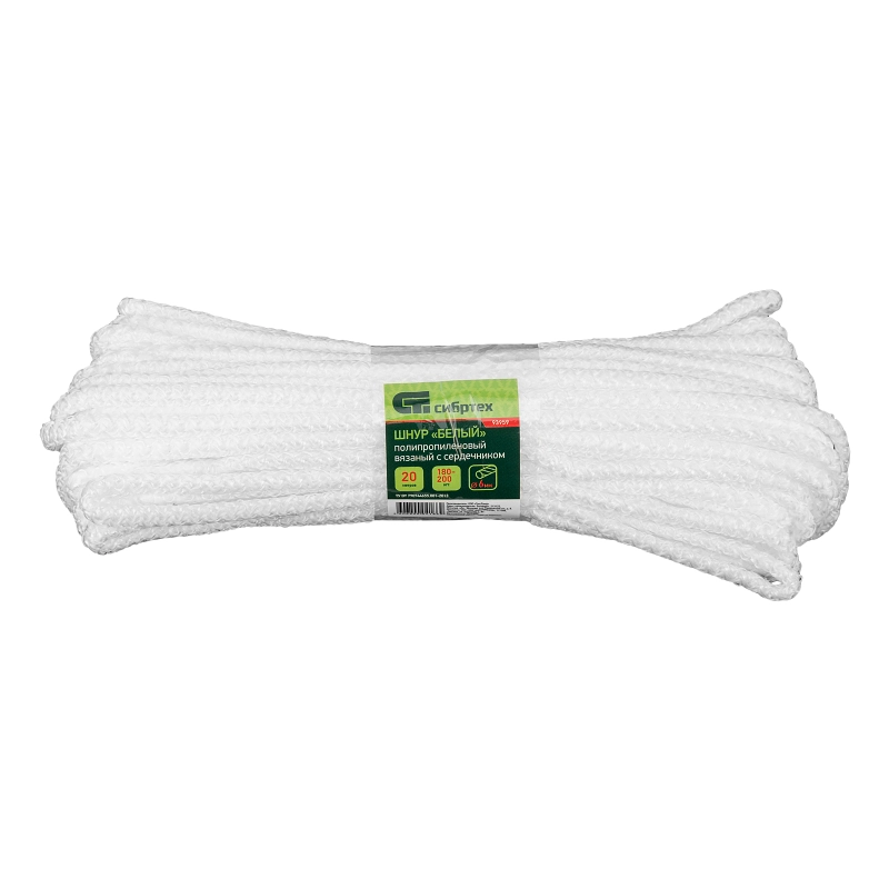 Шнур вязаный полипропиленовый с серд. белый, 6 мм, L 20 м, Сибртех (93959)