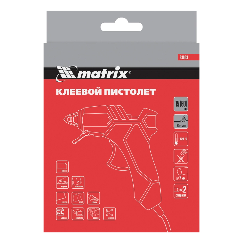 Клеевой пистолет, 7 мм, 15 (60) Вт, 8 г/мин Matrix (93003)