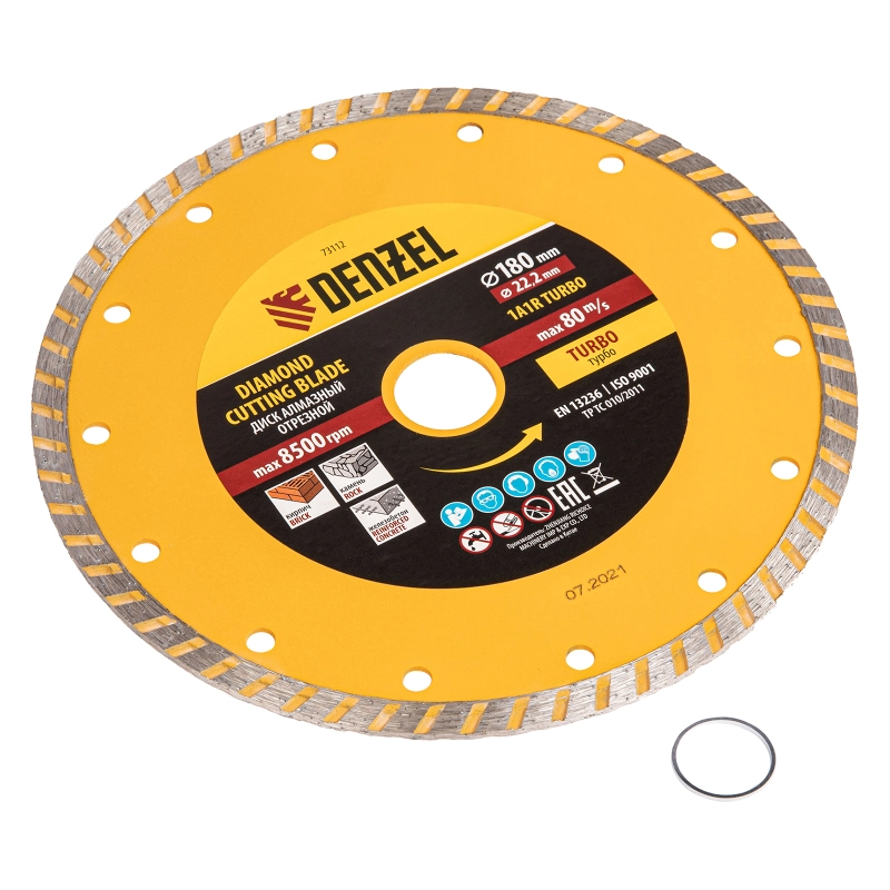 Диск алмазный, отрезной Turbo, 180 х 22.2 мм, сухая резка Denzel (73112)