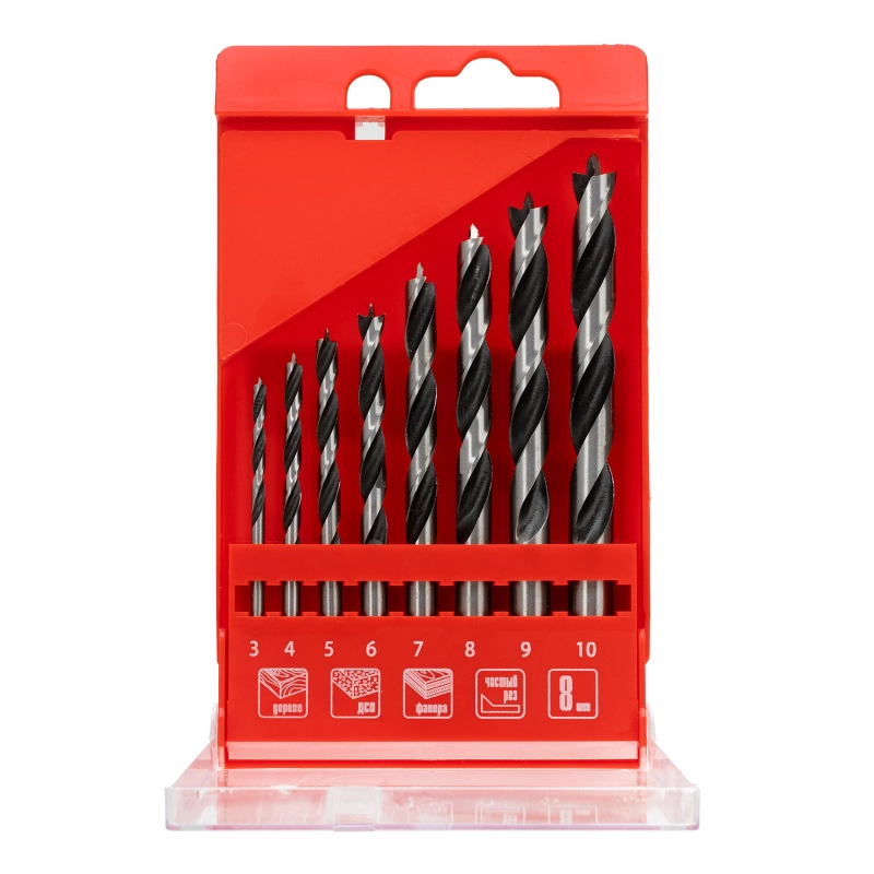 Набор сверл по дереву, 3-4-5-6-7-8-9-10 мм, 8 шт, цилиндрический хвостовиковик, пластиковый кейс, Matrix (70282)