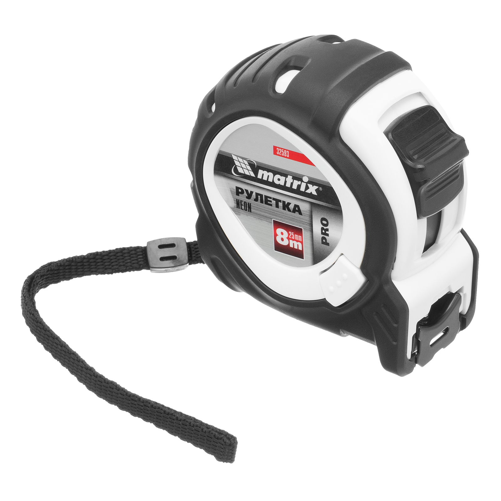 Рулетка Neon,8 м x 25 мм,обрезиненный корпус,3 фиксации,Pro Matrix (32593)