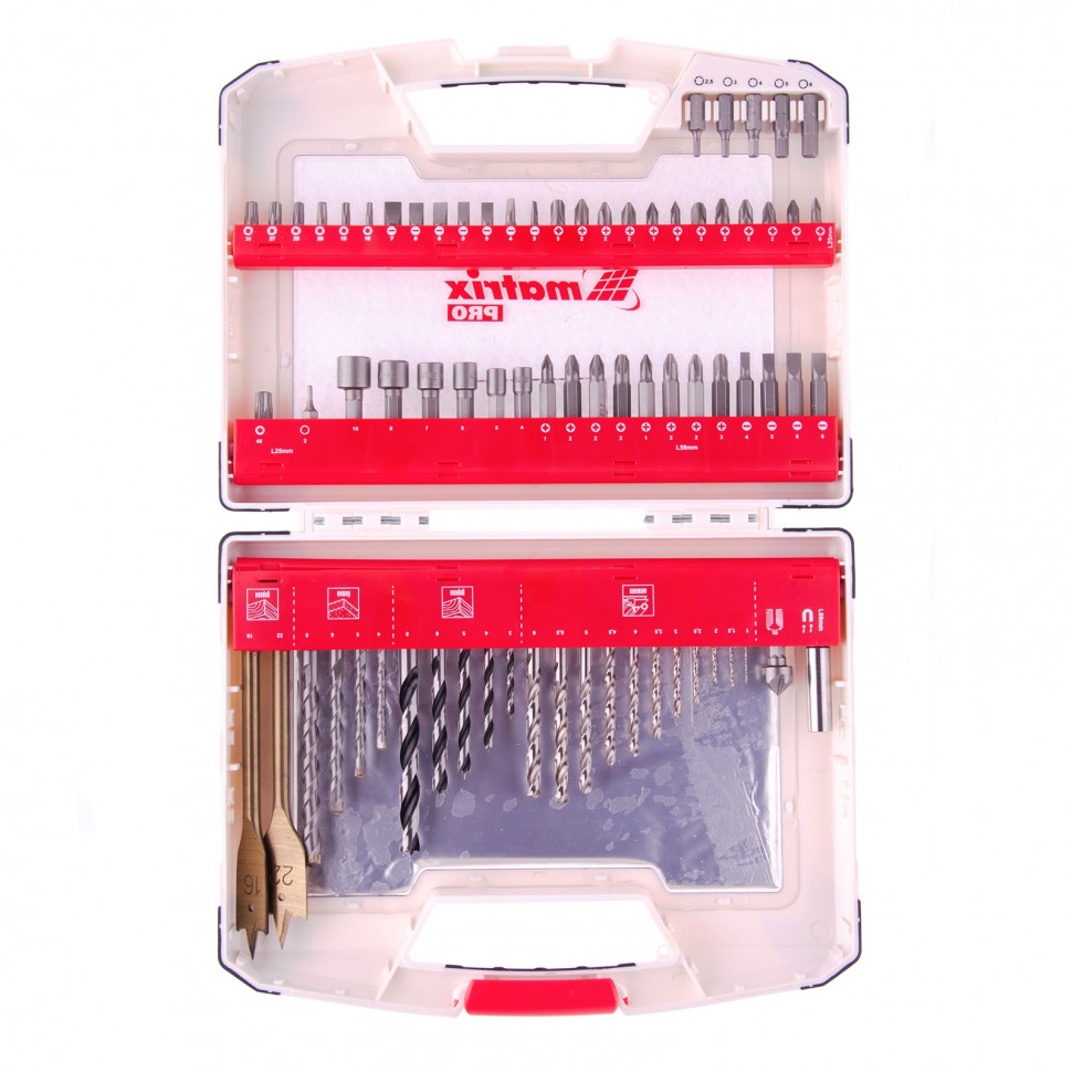 Набор сверл комбинированный, сверла по металлу 1-6 мм, бетону 4-8 мм, дереву 3-8 мм, перовые 16,22 мм, биты 44 шт, адаптер, головки 6 шт, 75 предметов Pro Matrix (725675)