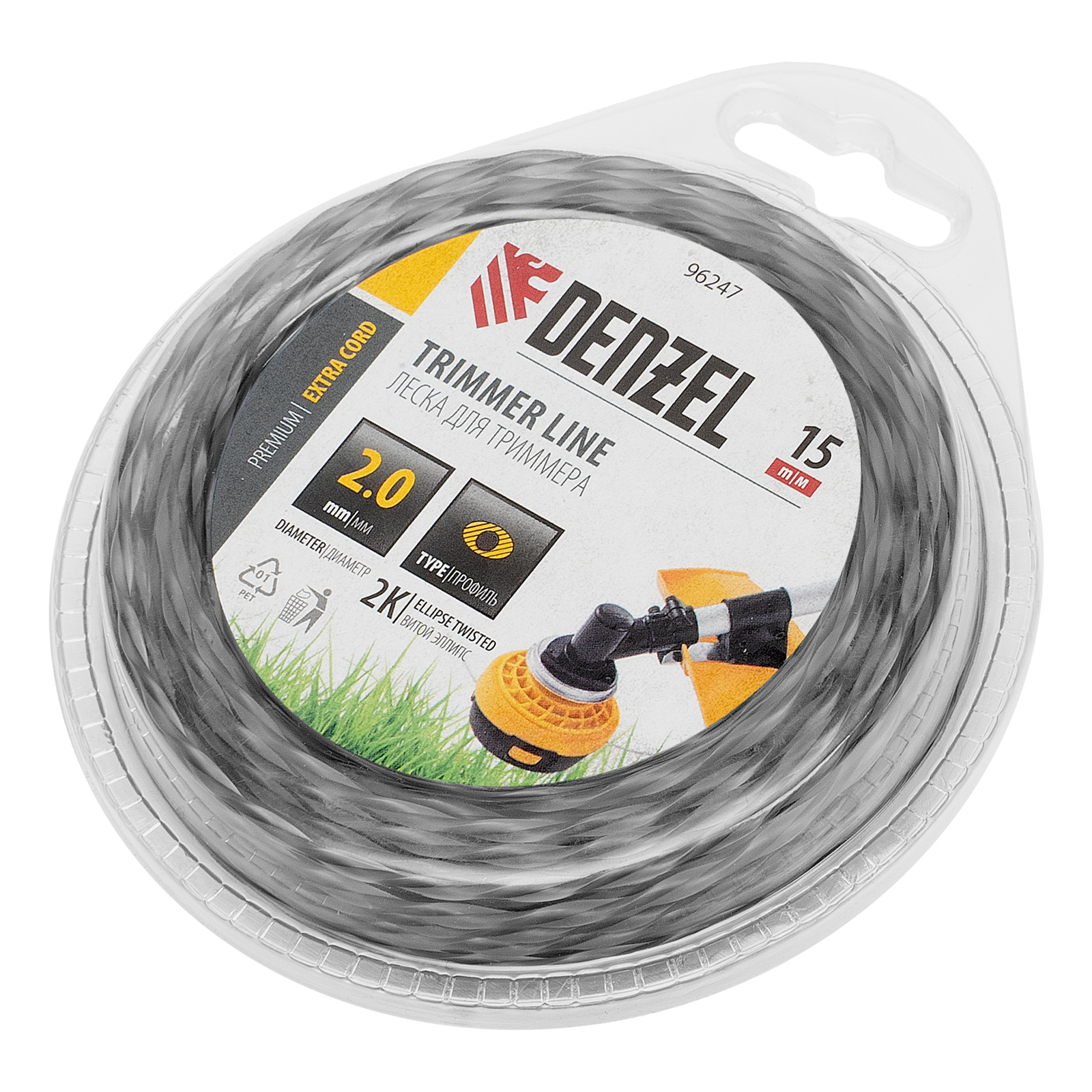 Леска для триммера двухкомпонентная эллипс, 2,0мм х 15м, блистер EXTRA CORD, Denzel (96247)