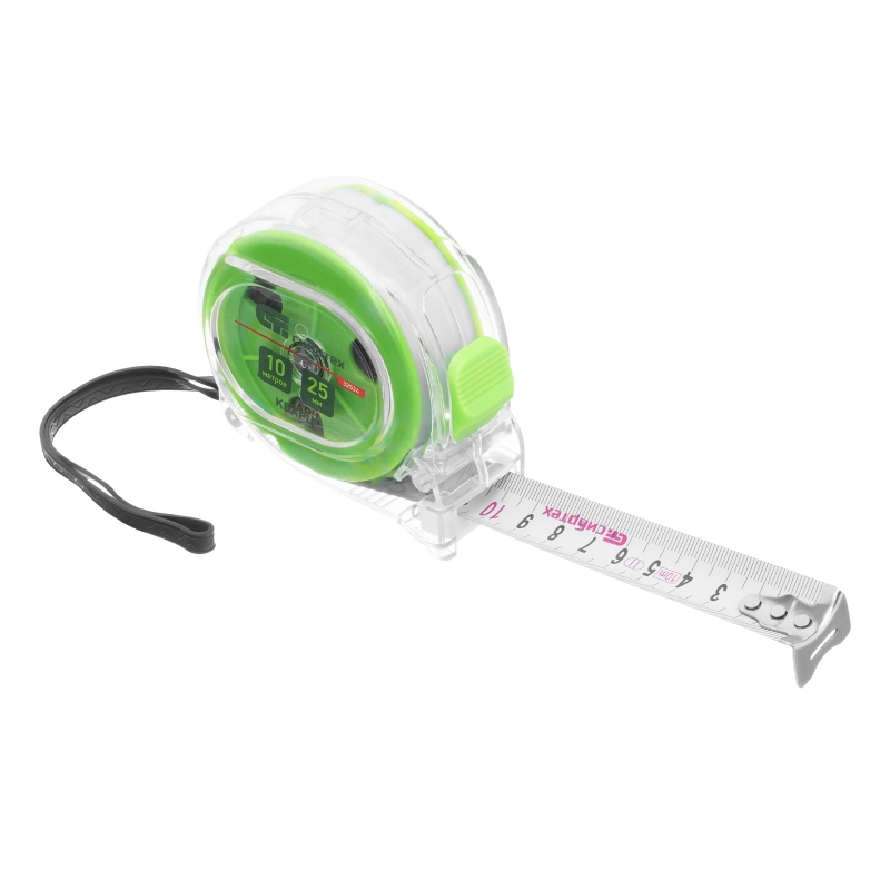 Рулетка Кварц,прозрачный корпус,амортизатор,10 м х 25 мм Сибртех (32524)