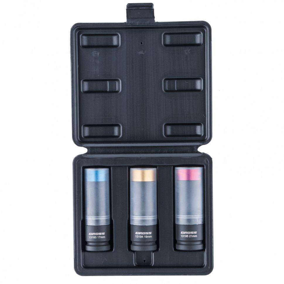 Набор головок ударных шестигранных для колесных дисков 17, 19, 21 мм, 1/2", 3 предмета Gross (13196)