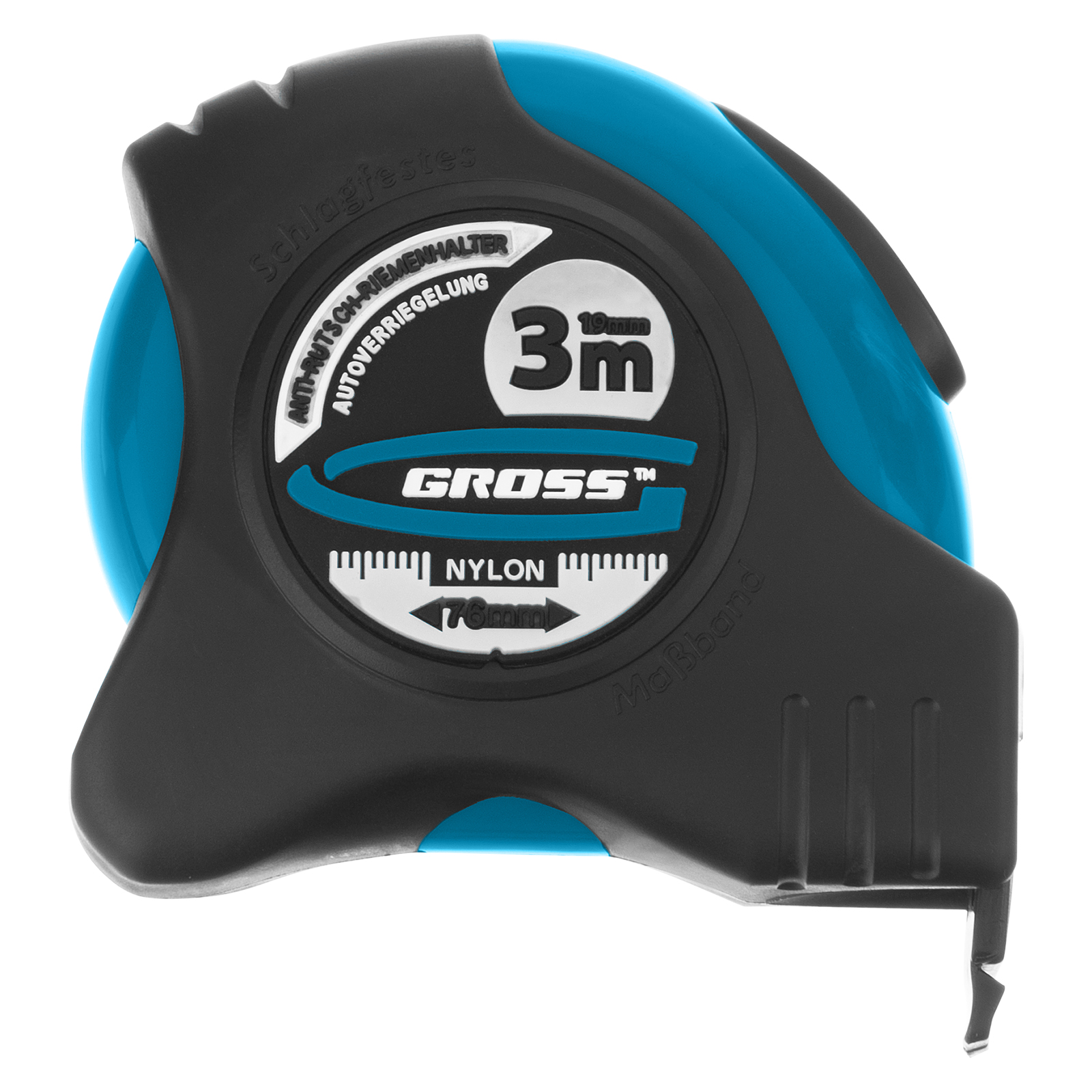 Рулетка "Schlagfest",3 м x 19 мм,магнитный обрезиненный зацеп,двусторонняя шкала,Нейлоновое покрытие,автоматическая фиксация Gross (31111)