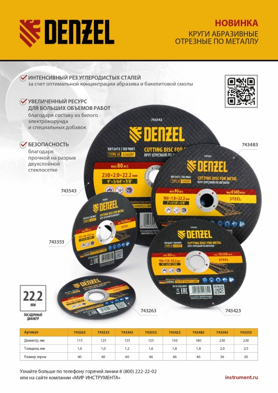 Круг отрезной по металлу, 125 х 1,0 х 22,2 мм, A60QBF Denzel (743333)