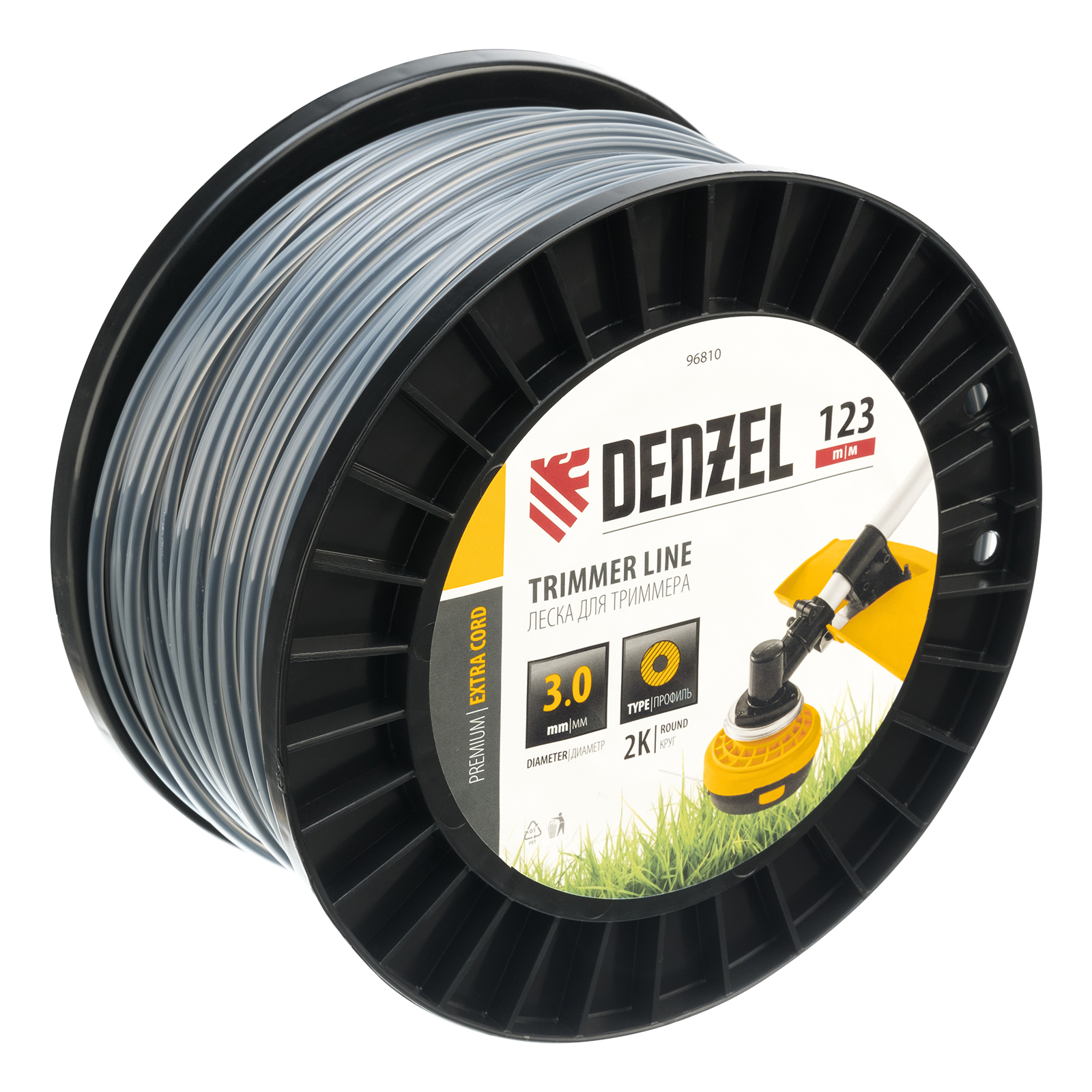 Леска для триммера двухкомпонентная круглая, 3,0мм х 123м, на DIN катушке EXTRA CORD Denzel (96810)