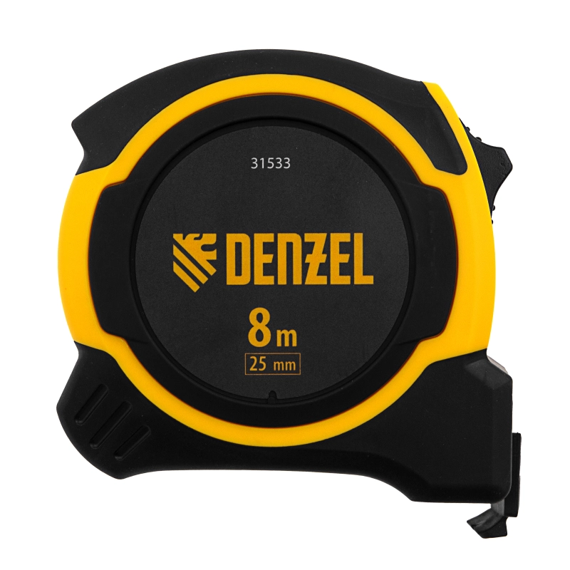 Рулетка 8м х 25мм, двухкомп. корпус, магнитный обрезиненный зацеп Denzel (31533)