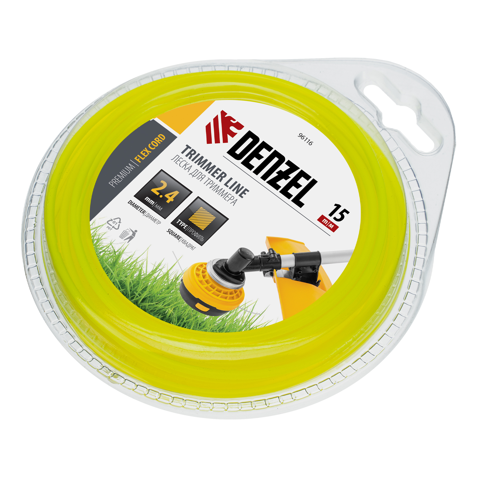 Леска для триммера, квадрат 2.4 мм х 15 м, блистер Flex cord Denzel (96116)