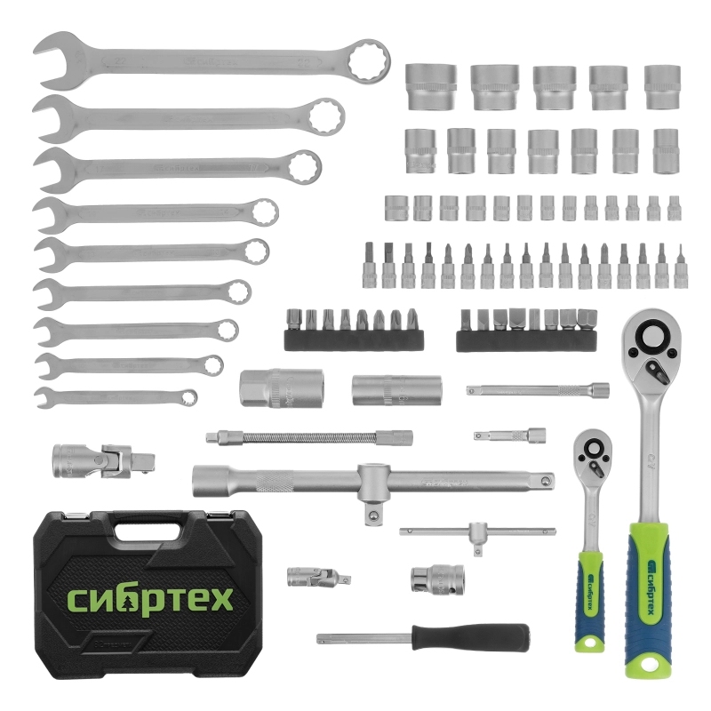 Набор инструментов, 1/2", 1/4", пластиковый кейс, 82 предмета Сибртех (13391)