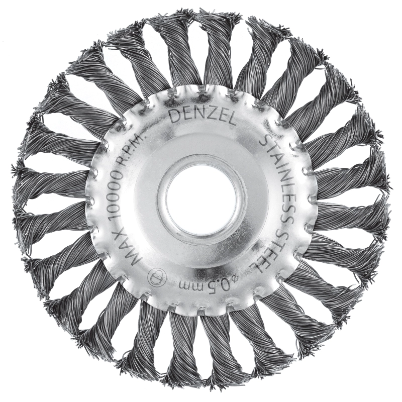 Щетка для УШМ, 125 мм, "Плоская", крученая нержавеющая проволока 0.5 мм, посадка 22.2 мм Denzel (746323)