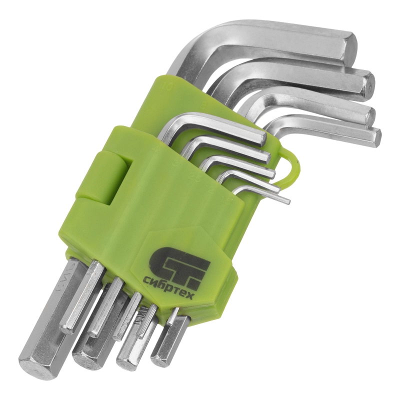 Набор ключей имбусовых HEX, 1.5-10 мм, 45x, закаленные, 9 шт, короткие, никель Сибртех (12317)