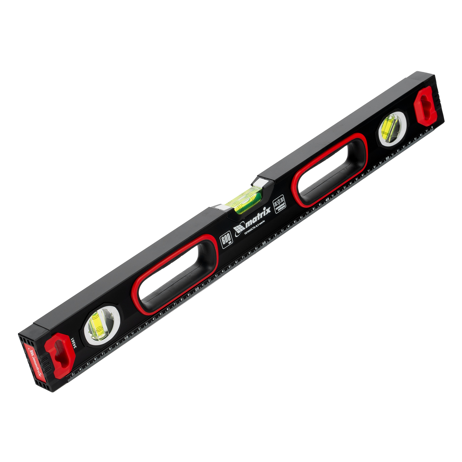 Уровень алюминиевый, усиленный, фрезерованный, 3 глазка, двухкомпонентные рукоятки, 600 мм Matrix (34361)