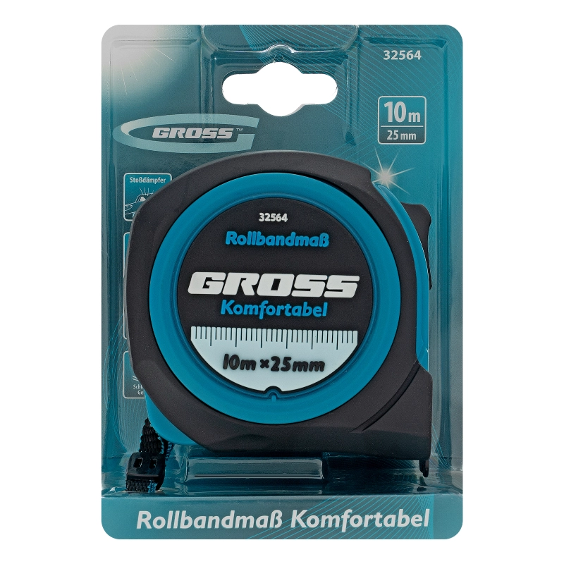 Рулетка Komfortabel 10 м х 25 мм,обрезиненный корпус Gross (32564)