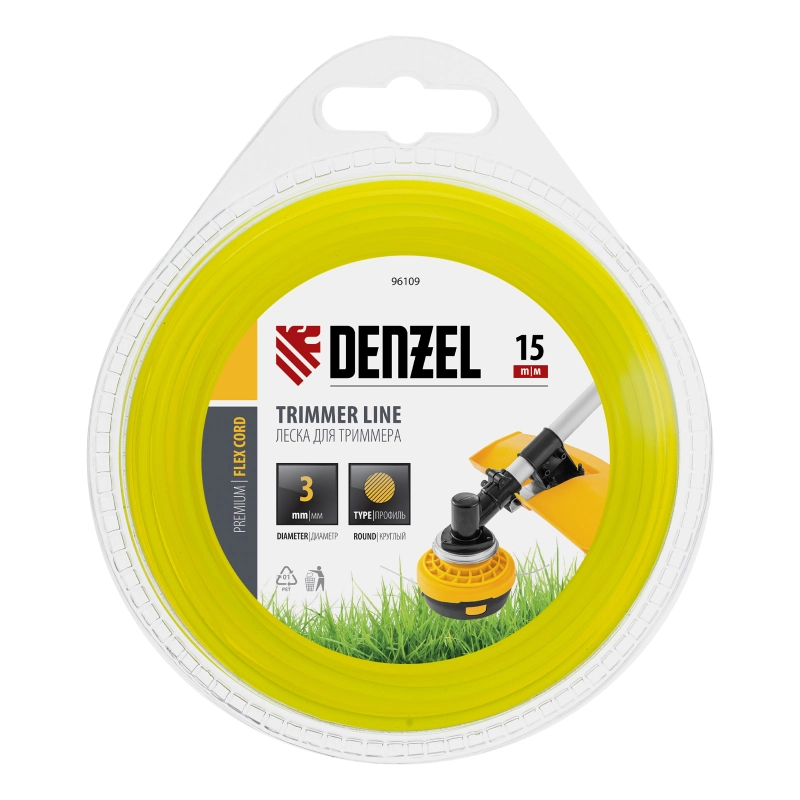 Леска для триммера, круглая 3 мм х 15 м, блистер Flex cord Denzel (96109)