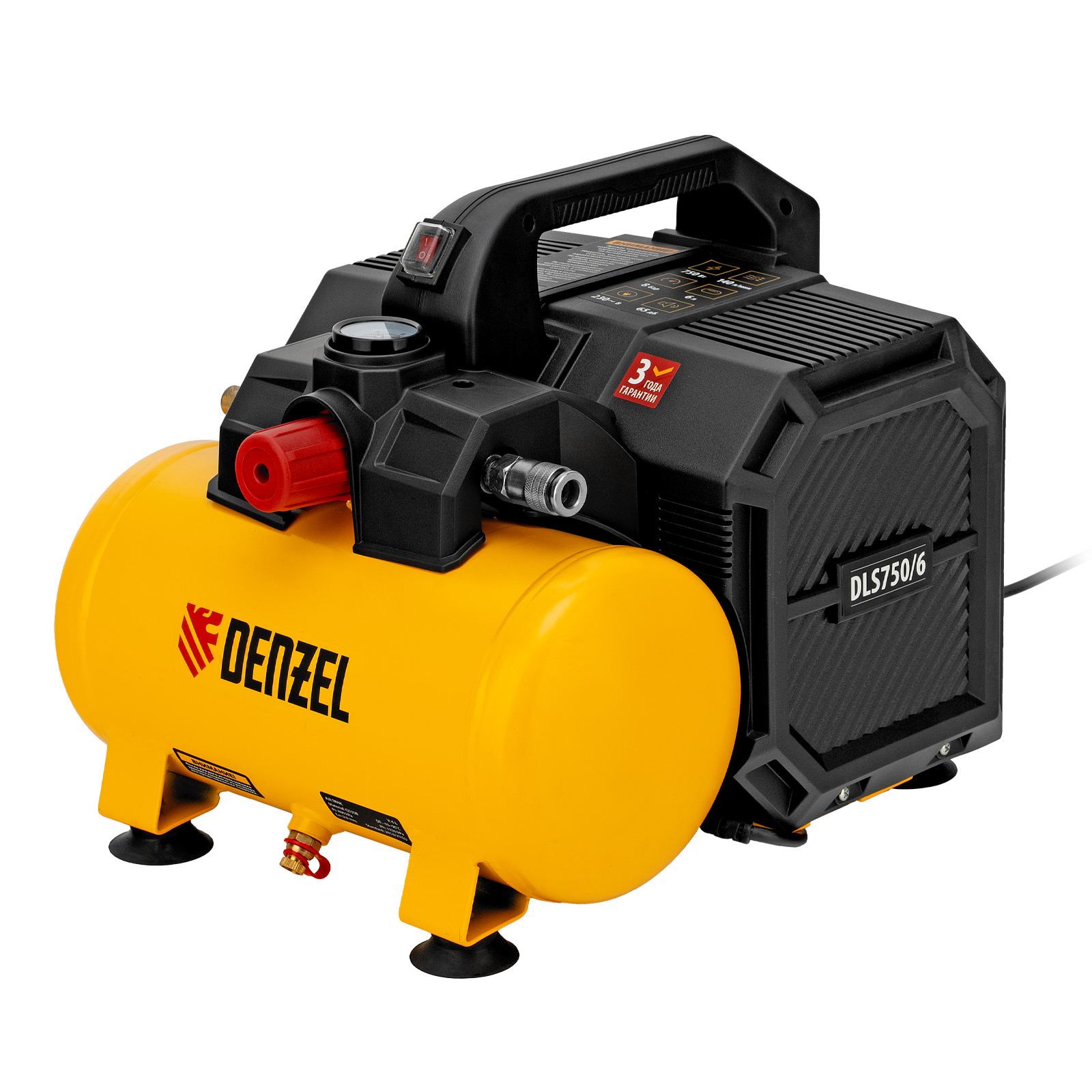 Компрессор  DLS750/6 безмасляный малошумный 750 Вт, 140 л/мин,ресивер 6 л Denzel (58019)