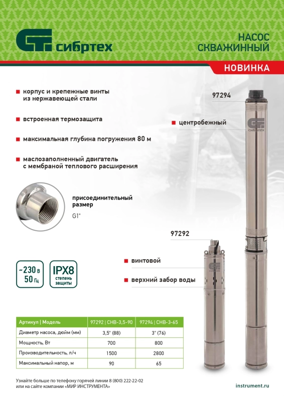 Скважинный насос СНВ-3,5-90, винтовой, диаметр 3,5", 700 Вт, 1500 л/ч, напор 90 м Сибртех (97292)
