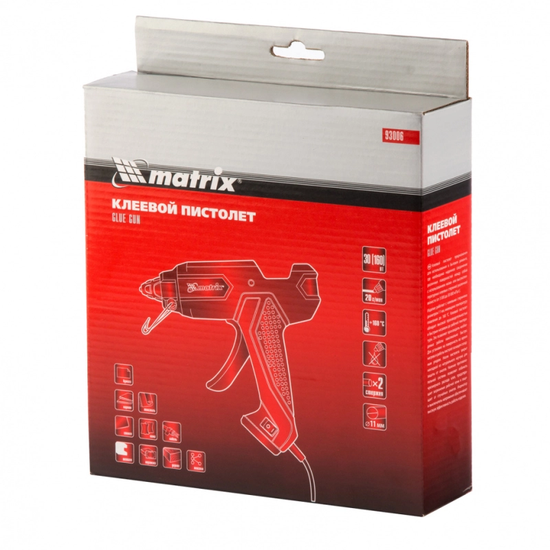 Клеевой пистолет, 11 мм, 30 (160) Вт, 18 г/мин, выключатель и индикатор напряжения Matrix (93006)