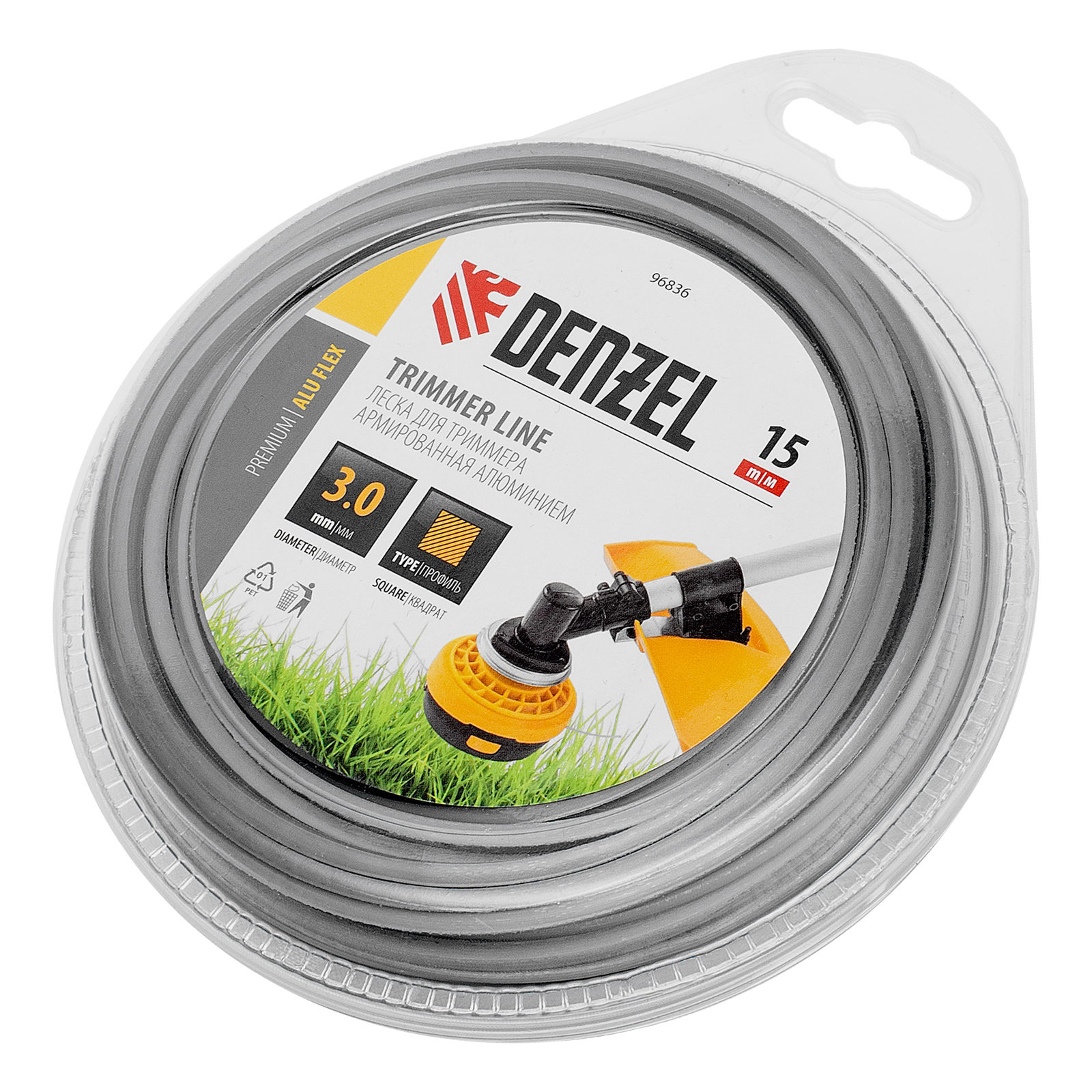 Леска для триммера армированная алюминием квадратная, 3,0мм х 15м, блистер ALUFLEX Denzel (96836)