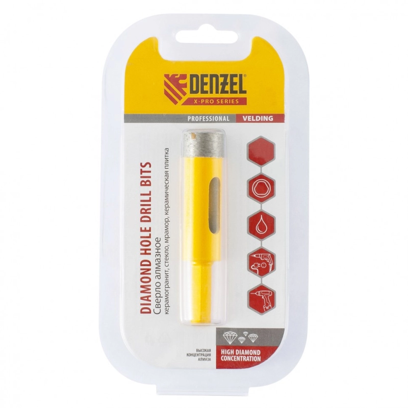 Сверло алмазное по керамограниту, 22 мм, мокрая резка, трехгранный хвостовик Denzel (72680)