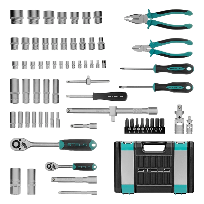 Набор инструментов, 1/2", 1/4", CrV, пластиковый кейс 69 предметов Stels (14108)