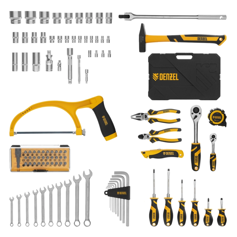 Набор инструментов, 1/2", 1/4", CrV, S2, пластиковый кейс, 100 предметов Denzel (15803)