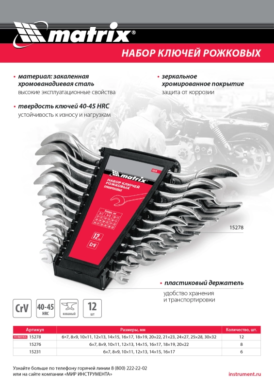 Набор ключей рожковых, 6 х 32 мм, 12 шт., CrV, хромированные Matrix (15278)