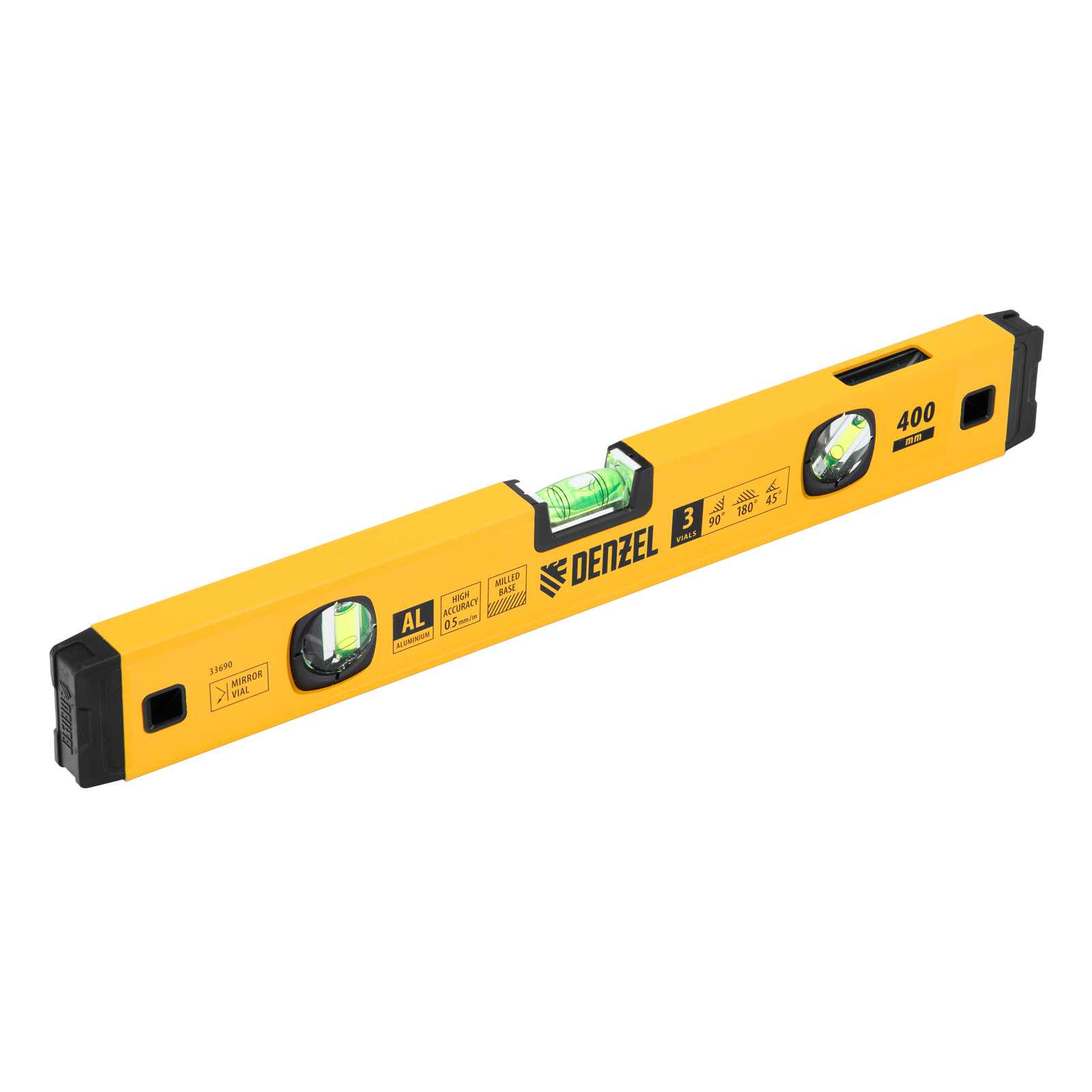 Уровень алюминиевый, магнит., фрезерованный, 3 глазка (1 зеркал.) 0,5 мм/м, 400 мм Denzel (33690)