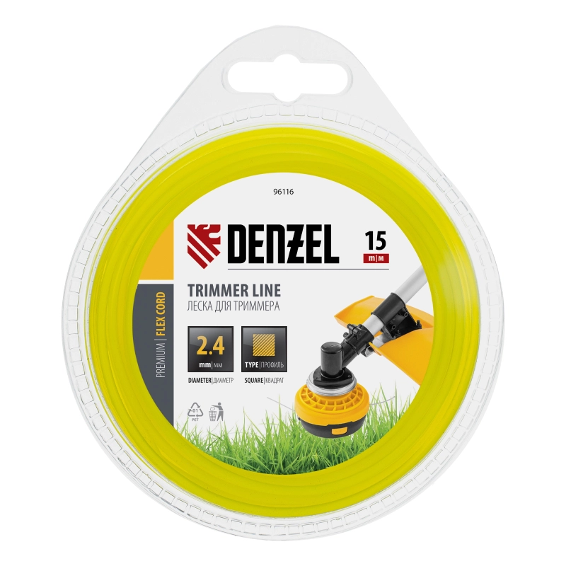 Леска для триммера, квадрат 2.4 мм х 15 м, блистер Flex cord Denzel (96116)
