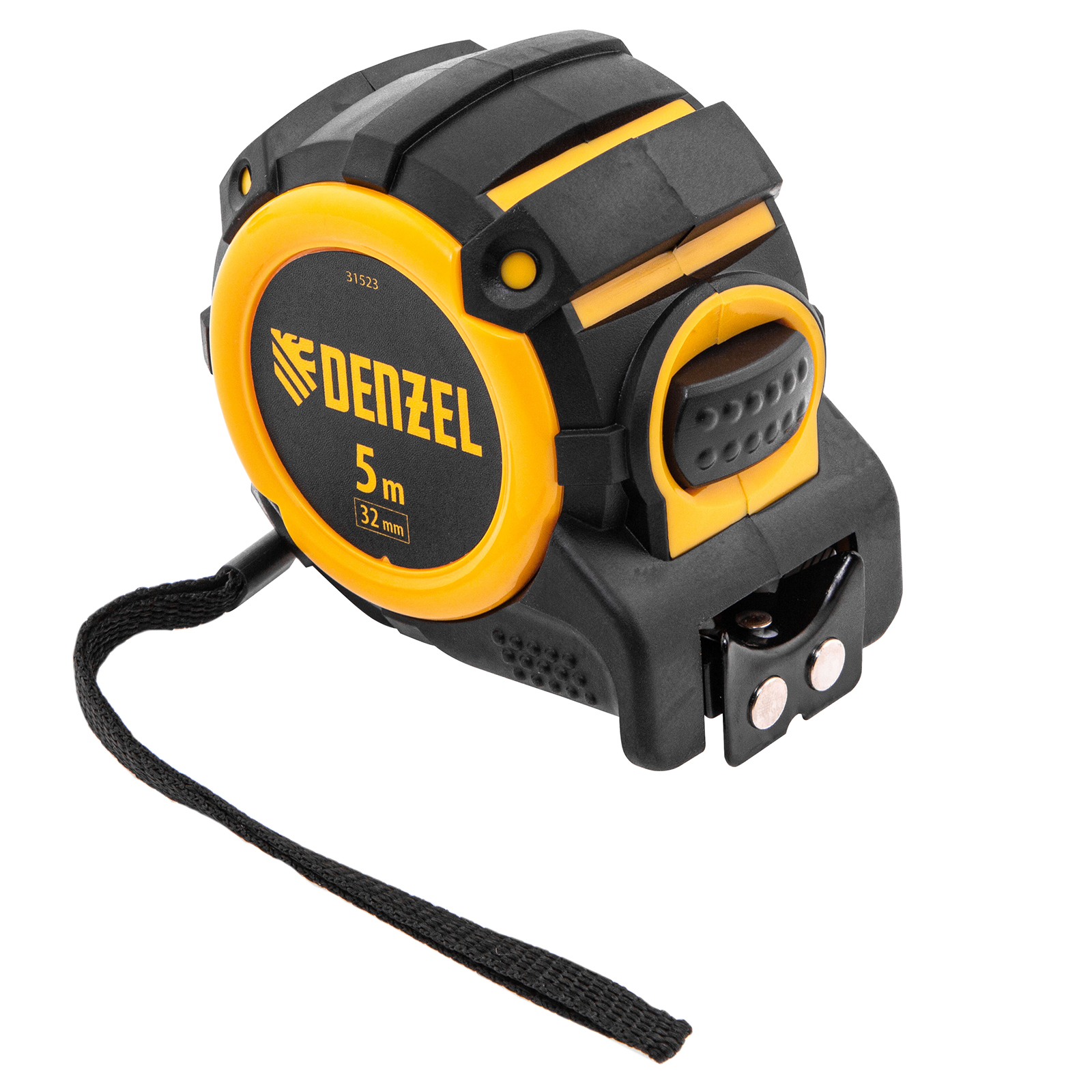 Рулетка 5м х 32мм, автоматич. фиксац., нейлон. покрытие, магнит. зацеп, двухстор. разметка Denzel (31523)