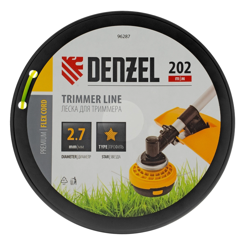 Леска для триммера звезда, 2,7мм х 202м, на DIN катушке FLEX CORD Denzel (96287)