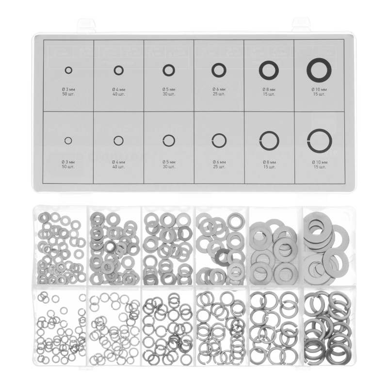 Набор шайб и гроверов, D шайб: 3, 4, 5, 6, 8, 10 мм D гроверов: 3, 4, 5, 6, 8, 10 мм, 350 предметов Сибртех (47614)