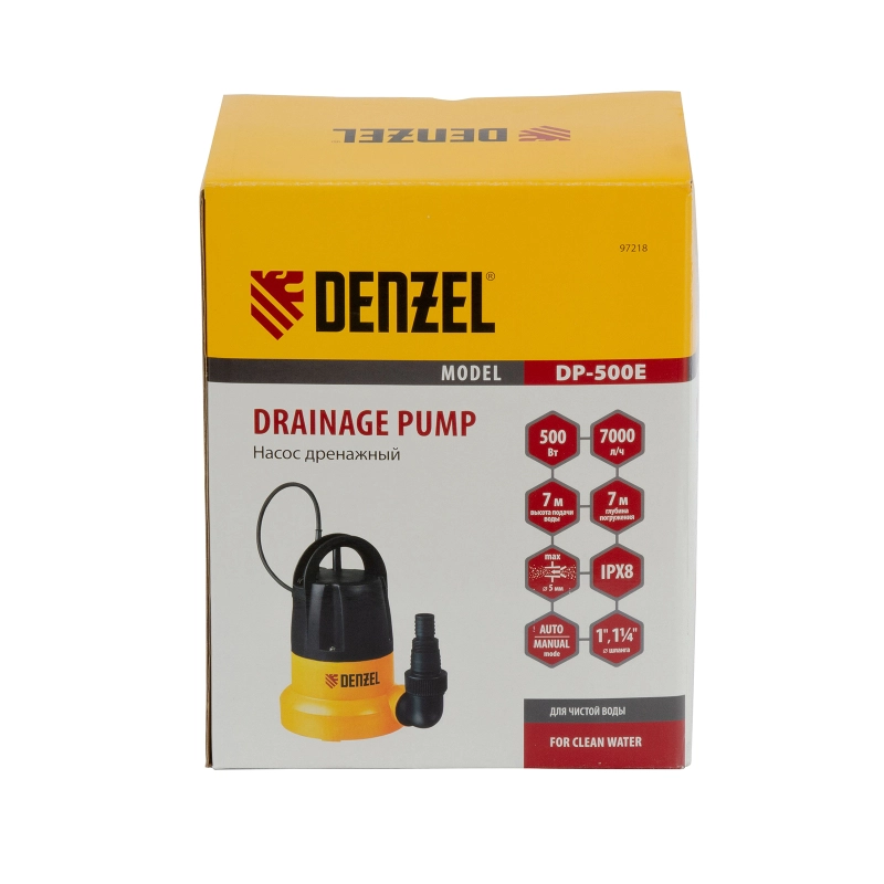 Дренажный насос DP500E, 500 Вт, подъем 7 м, 7000 л/ч Denzel (97218)