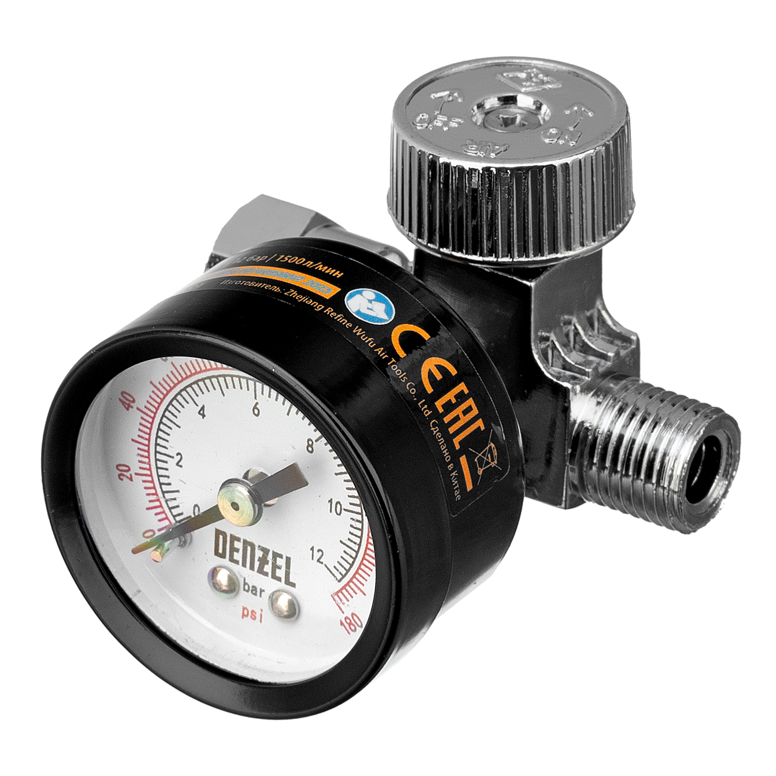 Регулятор давления с манометром для краскораспылителя K1500, 12 бар, 1/4" Denzel (57001)