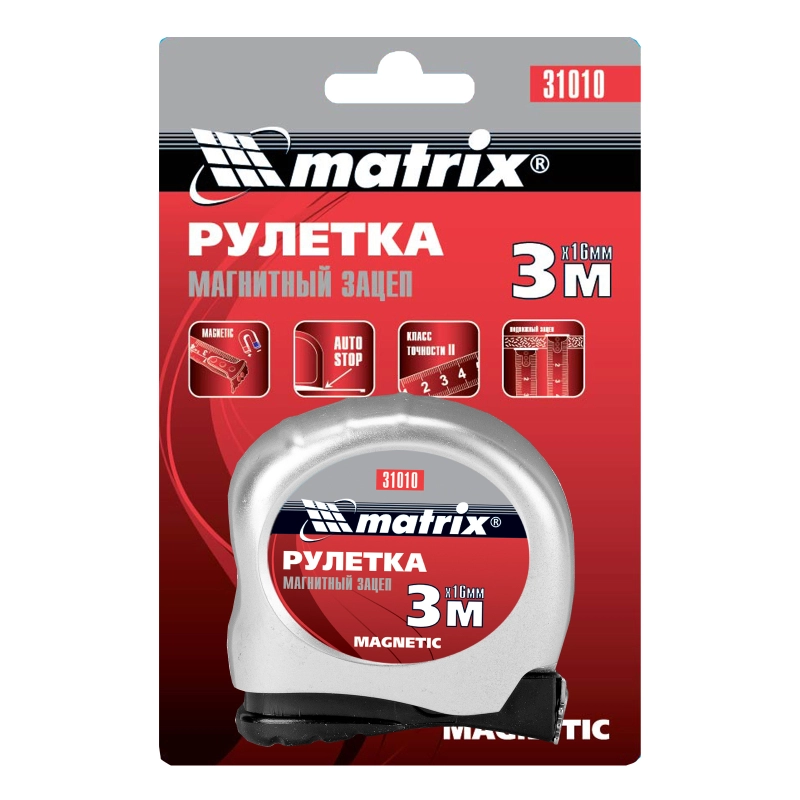 Рулетка Magnetic,3 м х 16 мм,магнитный зацеп Matrix (31010)