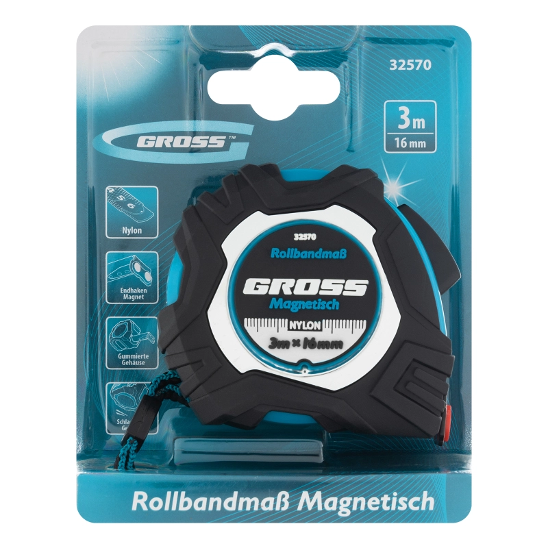 Рулетка Magnetisch 3 м х 16 мм,обрезиненный корпус,автоматическая фиксация,Нейлоновое покрытиеытие,зацеп с магнитом Gross (32570)