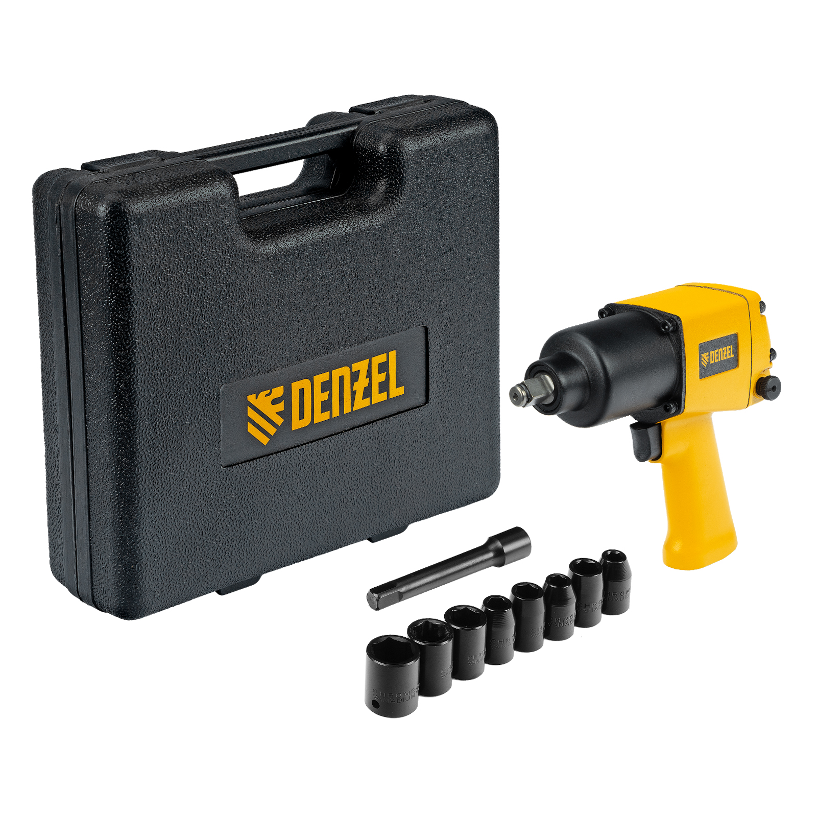 Ударный пневмогайковерт IW860+набор головок, 1/2", 7000 об/мин, 868 Нм Denzel (57473)