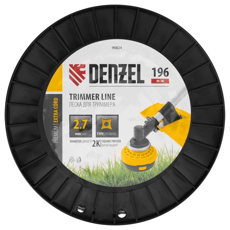 Леска для триммера двухкомпонентная витой квадрат, 2,7мм х 196м, на DIN катушке EXTRA CORD Denzel (96824)