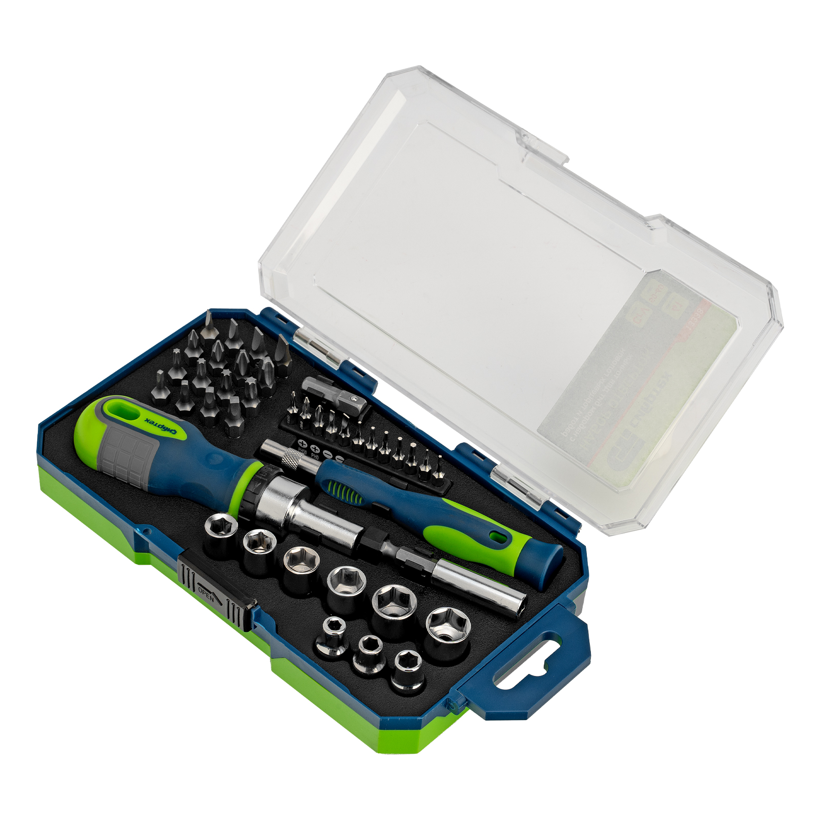 Отвертки реверсивные с набором бит и торцевыми головками, 41 шт, CrV Сибртех (13338)