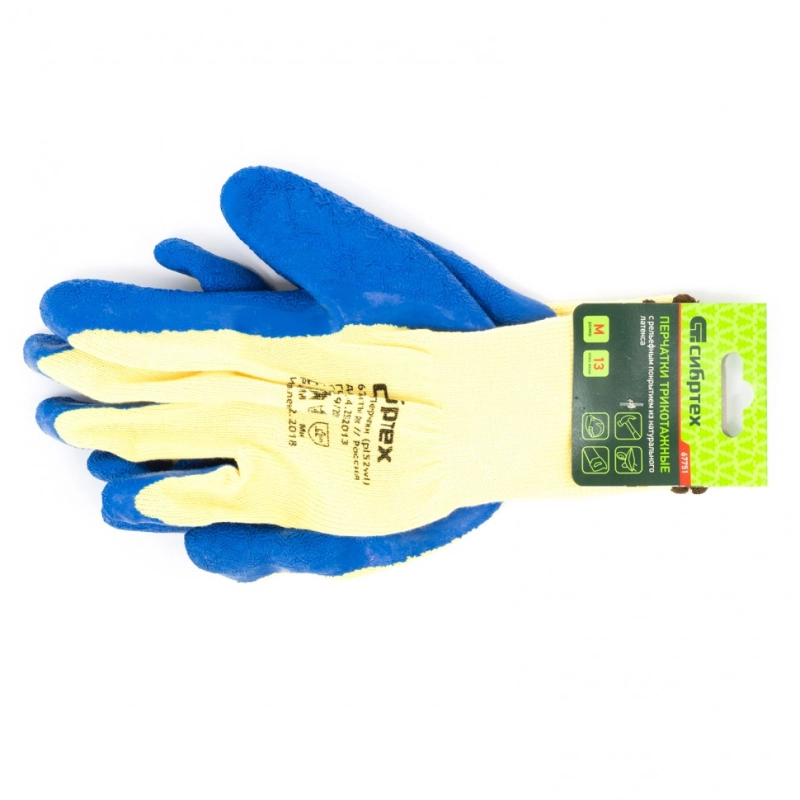 Перчатки трикотажные, полиэфирные, латексное рельефное покрытие, M Сибртех (67751)